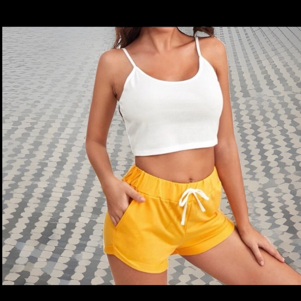 Soft White Crop Rib knit Tank Top & Yellow Short W/Pockets & Drawstring  Outfit